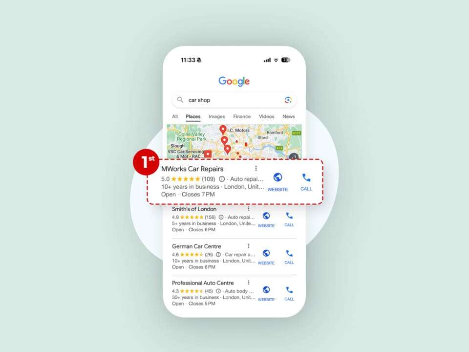Google Business Profile mostrato nei risultati di ricerca Google con scheda attività in evidenza su Google Maps