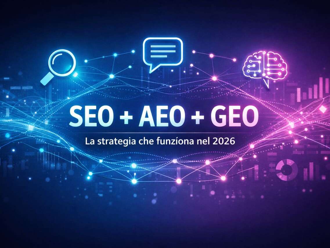 Differenza SEO AEO GEO Strategia integrata con connessioni digitali e icone di ricerca, risposta e intelligenza artificiale
