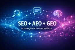 Differenza SEO AEO GEO Strategia integrata con connessioni digitali e icone di ricerca, risposta e intelligenza artificiale