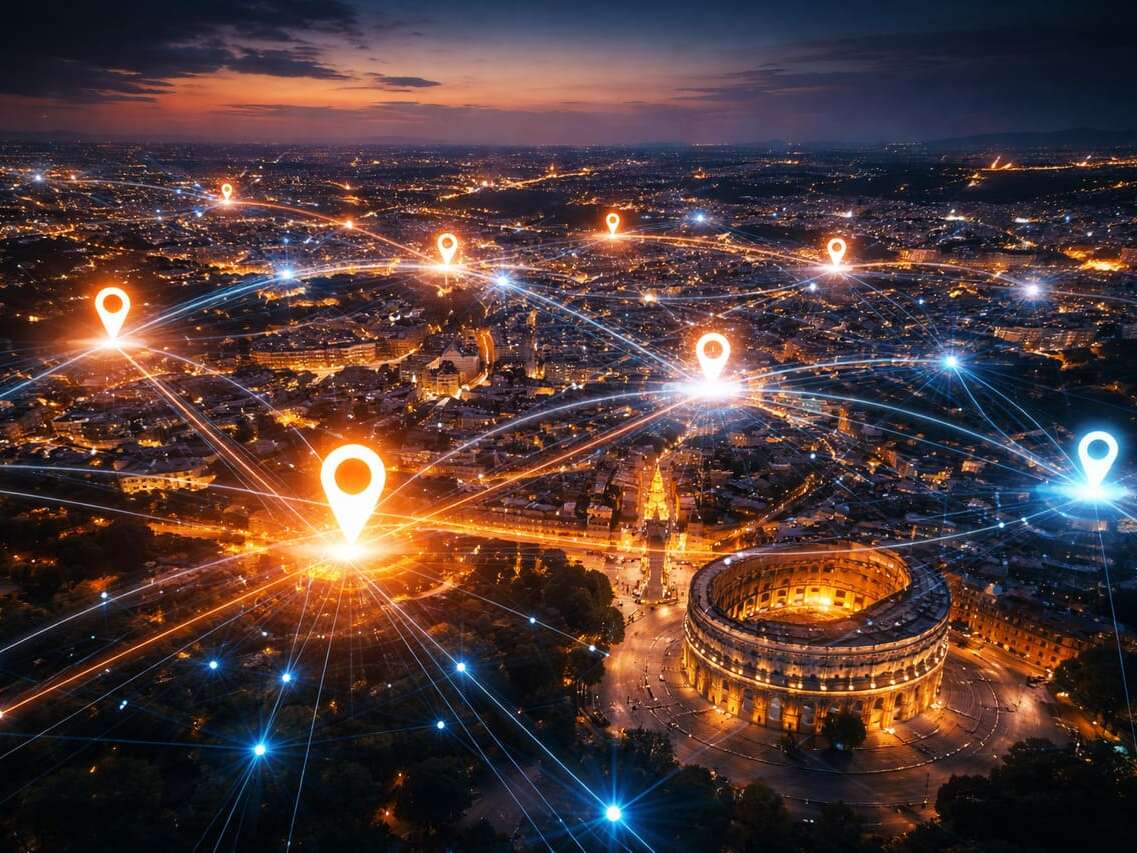 SEO locale a Roma con mappa digitale, pin geolocalizzati e connessioni tra attività sul territorio