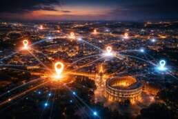 SEO locale a Roma con mappa digitale, pin geolocalizzati e connessioni tra attività sul territorio