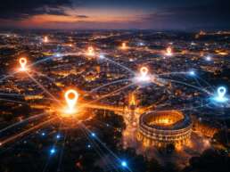 SEO locale a Roma con mappa digitale, pin geolocalizzati e connessioni tra attività sul territorio